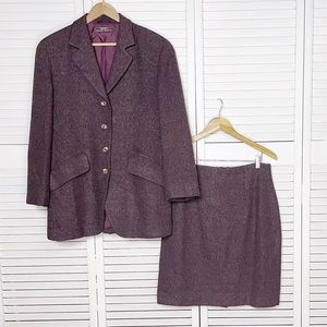 Mariano Rubinacci burgundy wool and silk tweed skirt suit set